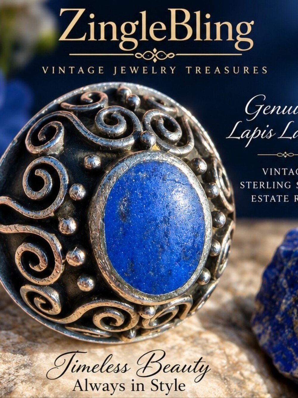 Vintage Sunstone SU 925 Sterling Silver Lapis Lazuli Statement Ring Size 9